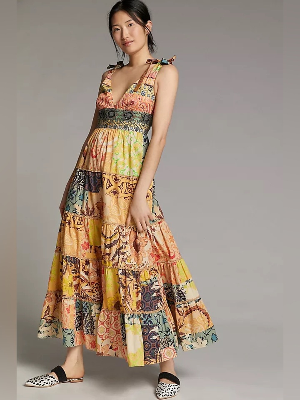 ANTHROPOLOGIE Geisha Designs Rosalina Patchwork Boho Floral Beaded Maxi Dress